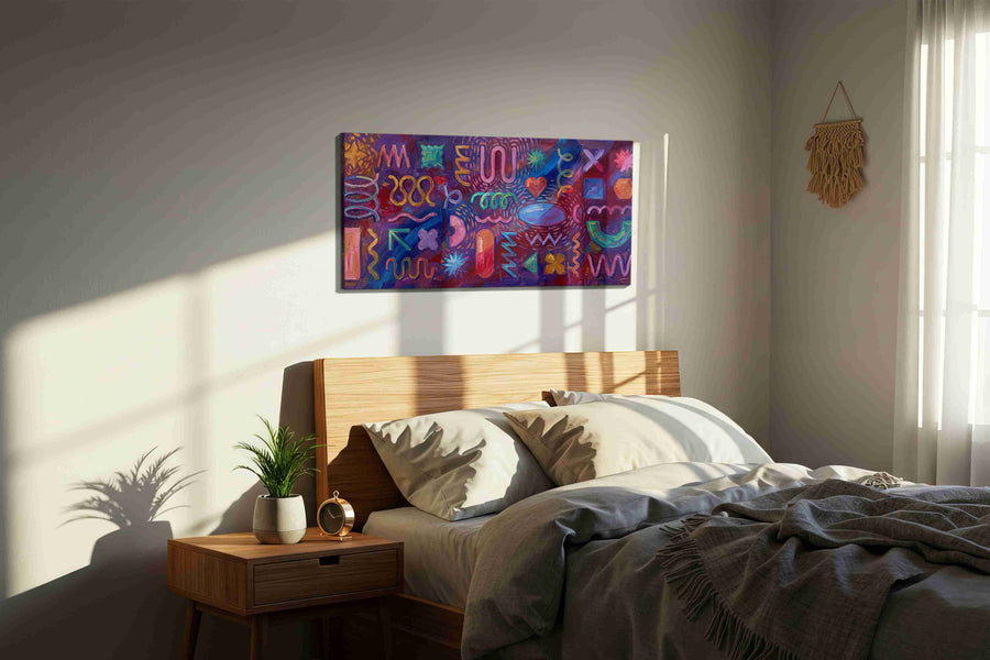 Cosmic Vibrations geometric canvas print, displayed in a bedroom
