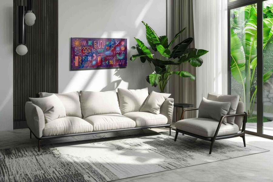 Cosmic Vibrations geometric canvas print in a modern interior mockup