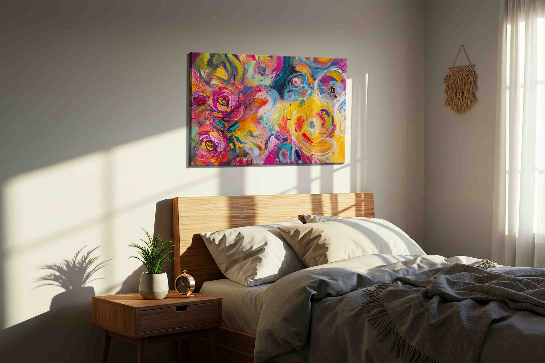 Ebullient Whirl of Blooms floral canvas print, displayed in a bedroom