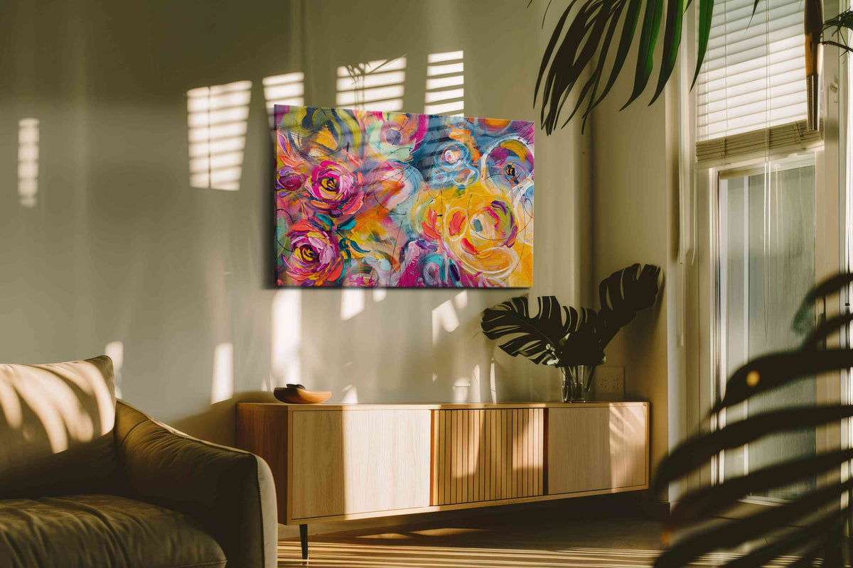 Ebullient Whirl of Blooms floral canvas print, on wall, lifestyle preview