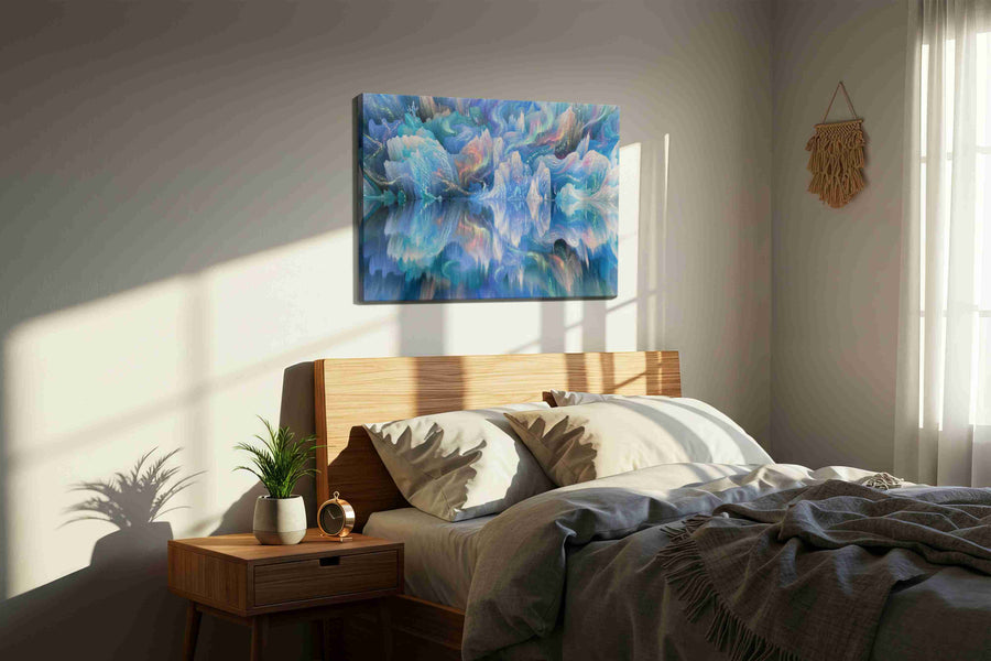 Ethereal Aurora Reflections fantasy canvas print, displayed in a bedroom
