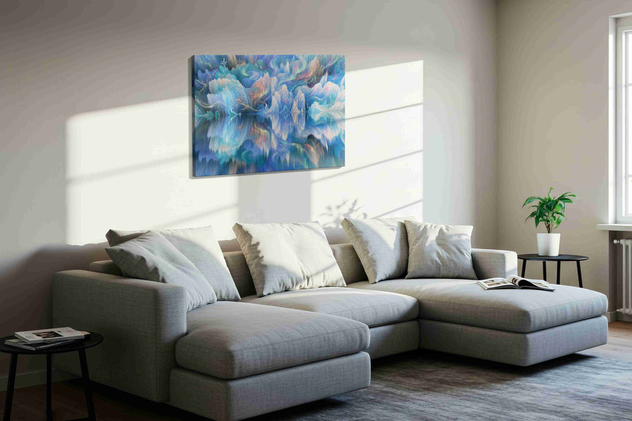 Ethereal Aurora Reflections fantasy canvas print, displayed in a living room