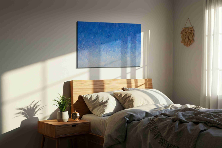 Ethereal Sky Dreams minimalist canvas print, displayed in a bedroom