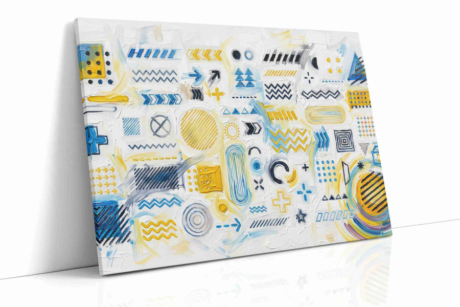 Geometric Symphony in Blue and Yellow geometric canvas print, gallery-wrapped, ready to hang