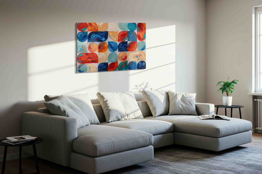 Rhythmic Waves of Color geometric canvas print in a living room scene