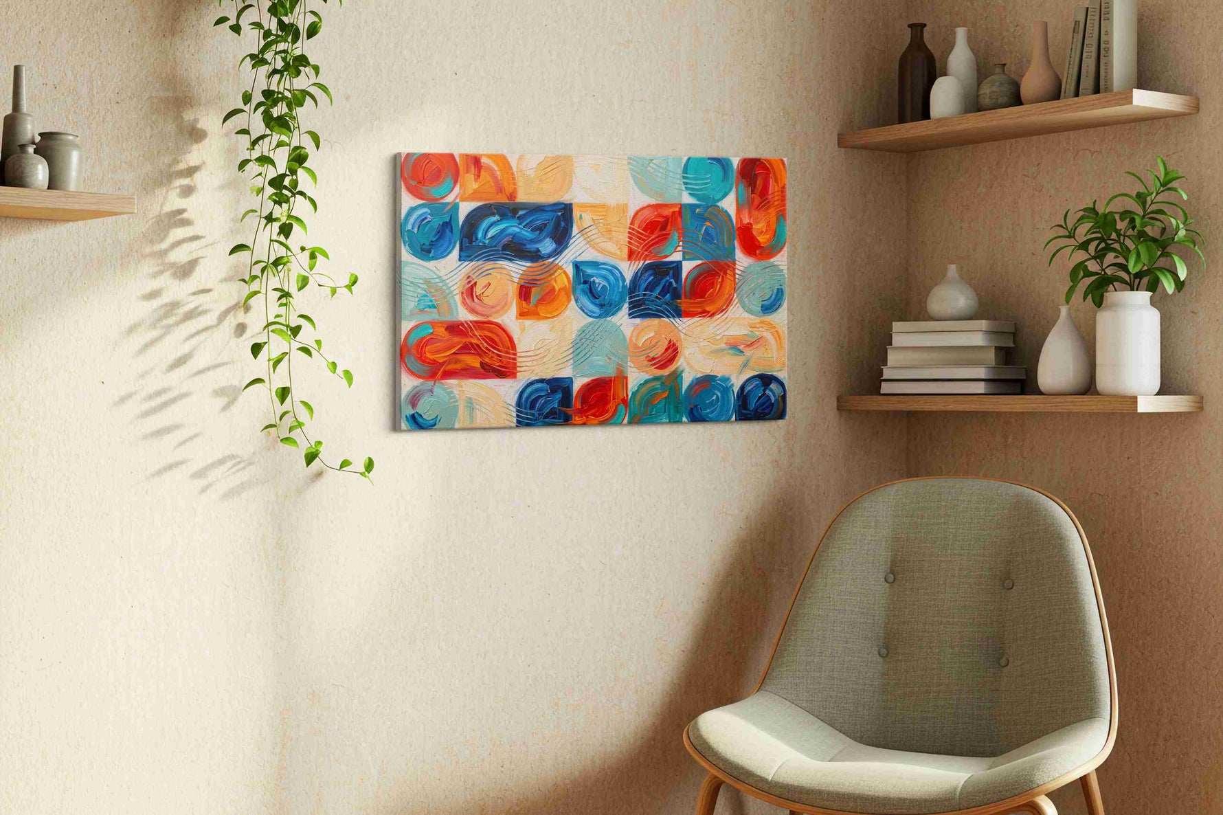 Rhythmic Waves of Color geometric canvas print, displayed in a living room