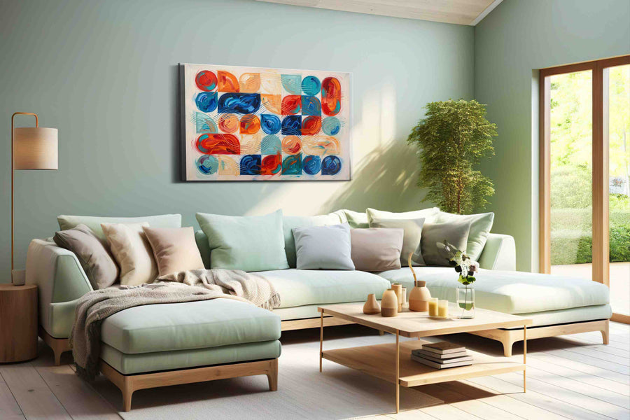 Rhythmic Waves of Color geometric canvas print, hanging on wall
