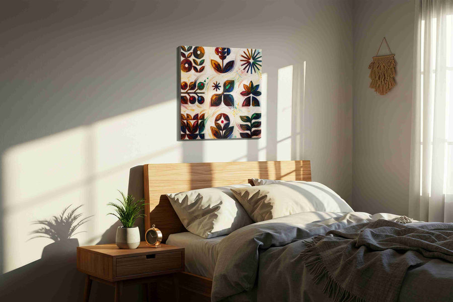 Symbolic Garden Symphony geometric canvas print, displayed in a bedroom