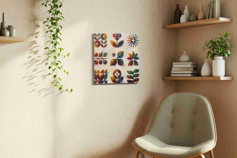 Symbolic Garden Symphony geometric canvas print, displayed in a living room