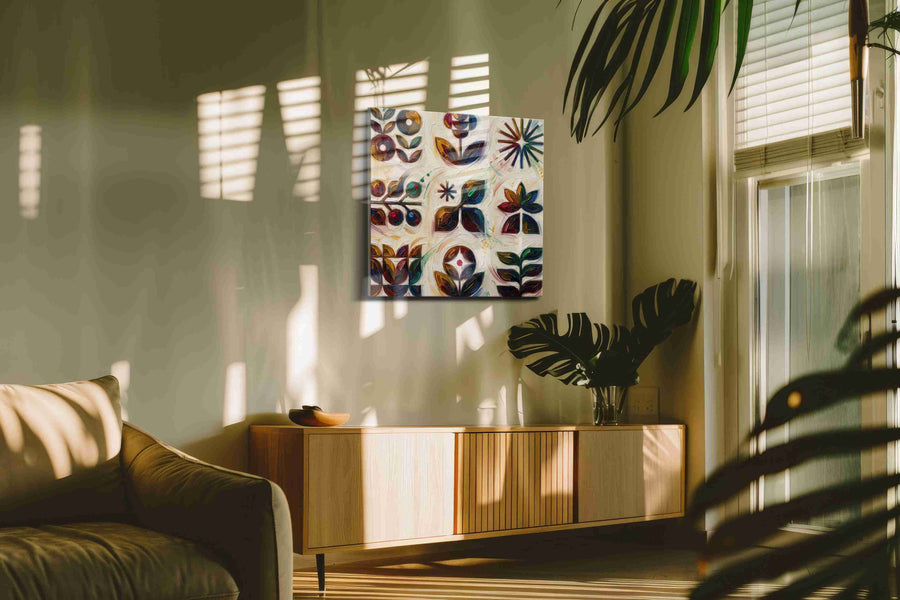 Symbolic Garden Symphony geometric canvas print, on wall, lifestyle preview