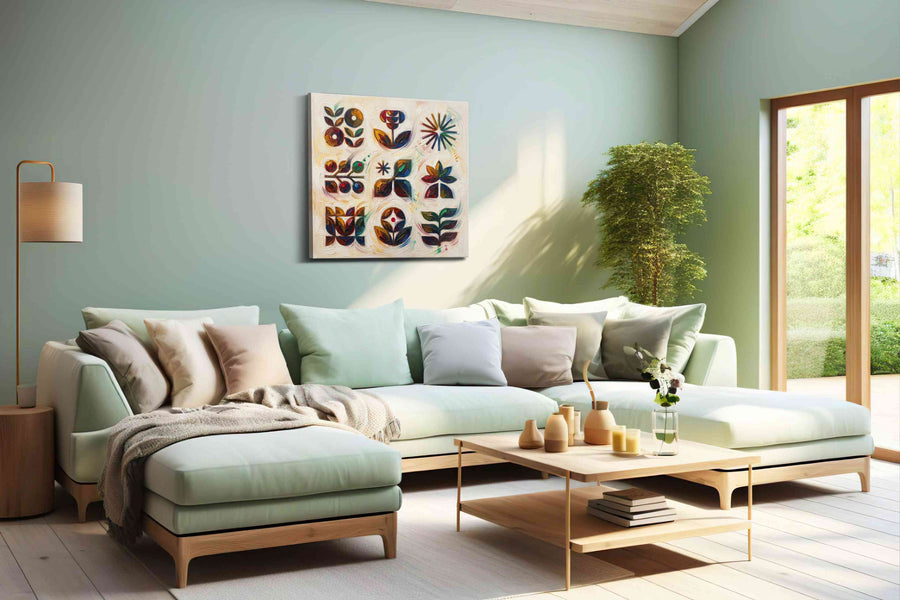 Symbolic Garden Symphony geometric canvas print, hanging on wall