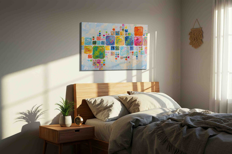 Vibrant Mosaic Dreams geometric canvas print, displayed in a bedroom