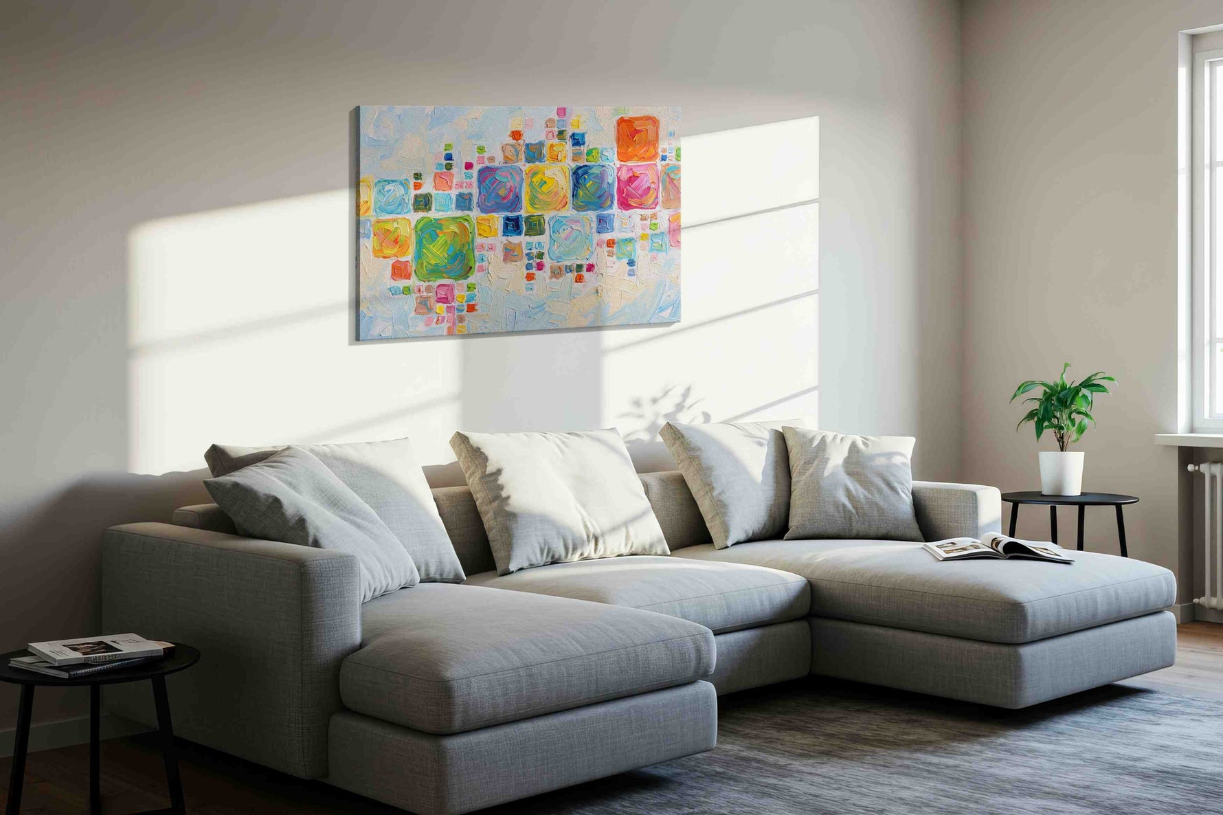 Vibrant Mosaic Dreams geometric canvas print, displayed in a living room