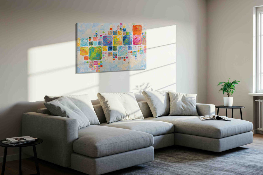 Vibrant Mosaic Dreams geometric canvas print, displayed in a living room
