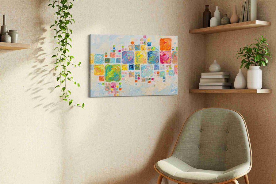 Vibrant Mosaic Dreams geometric canvas print styled in a living room