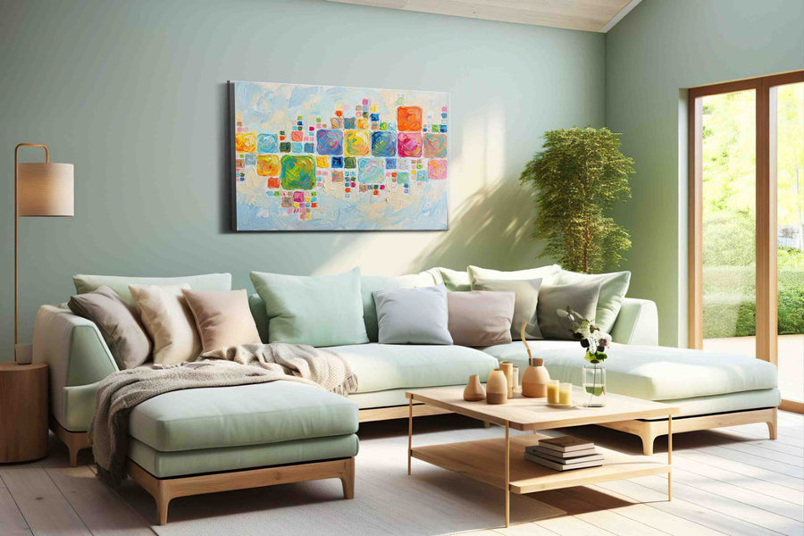 Vibrant Mosaic Dreams geometric canvas print, hanging on wall