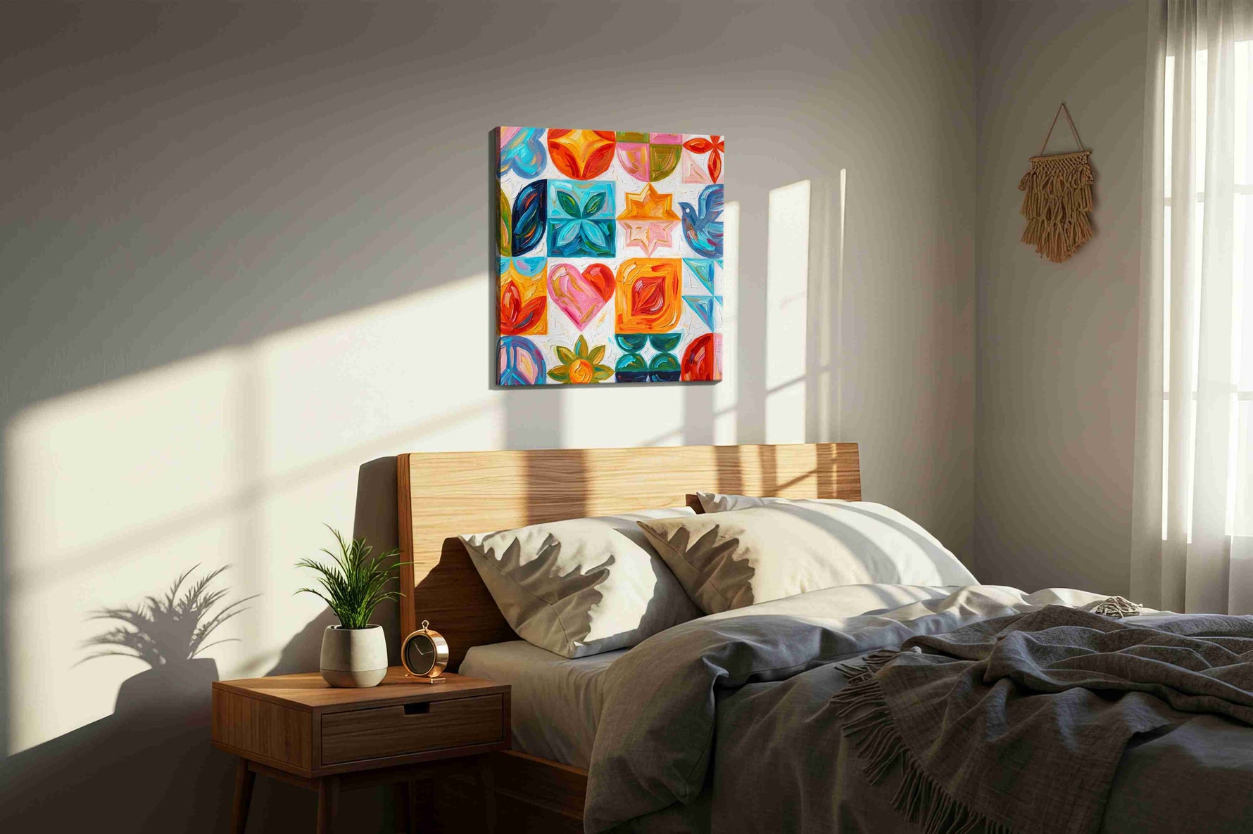 Vibrant Symmetry Serenity geometric canvas print, displayed in a bedroom