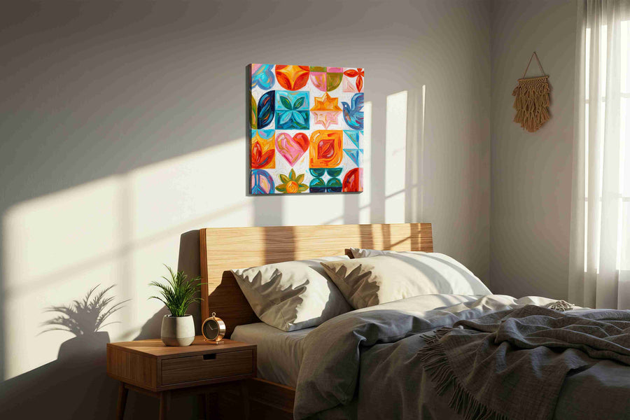 Vibrant Symmetry Serenity geometric canvas print, displayed in a bedroom