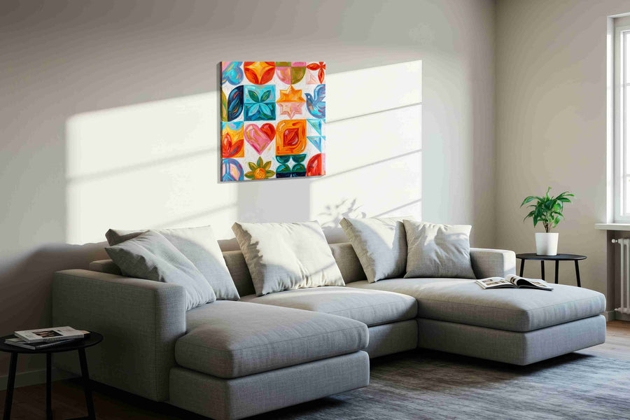 Vibrant Symmetry Serenity geometric canvas print, displayed in a living room