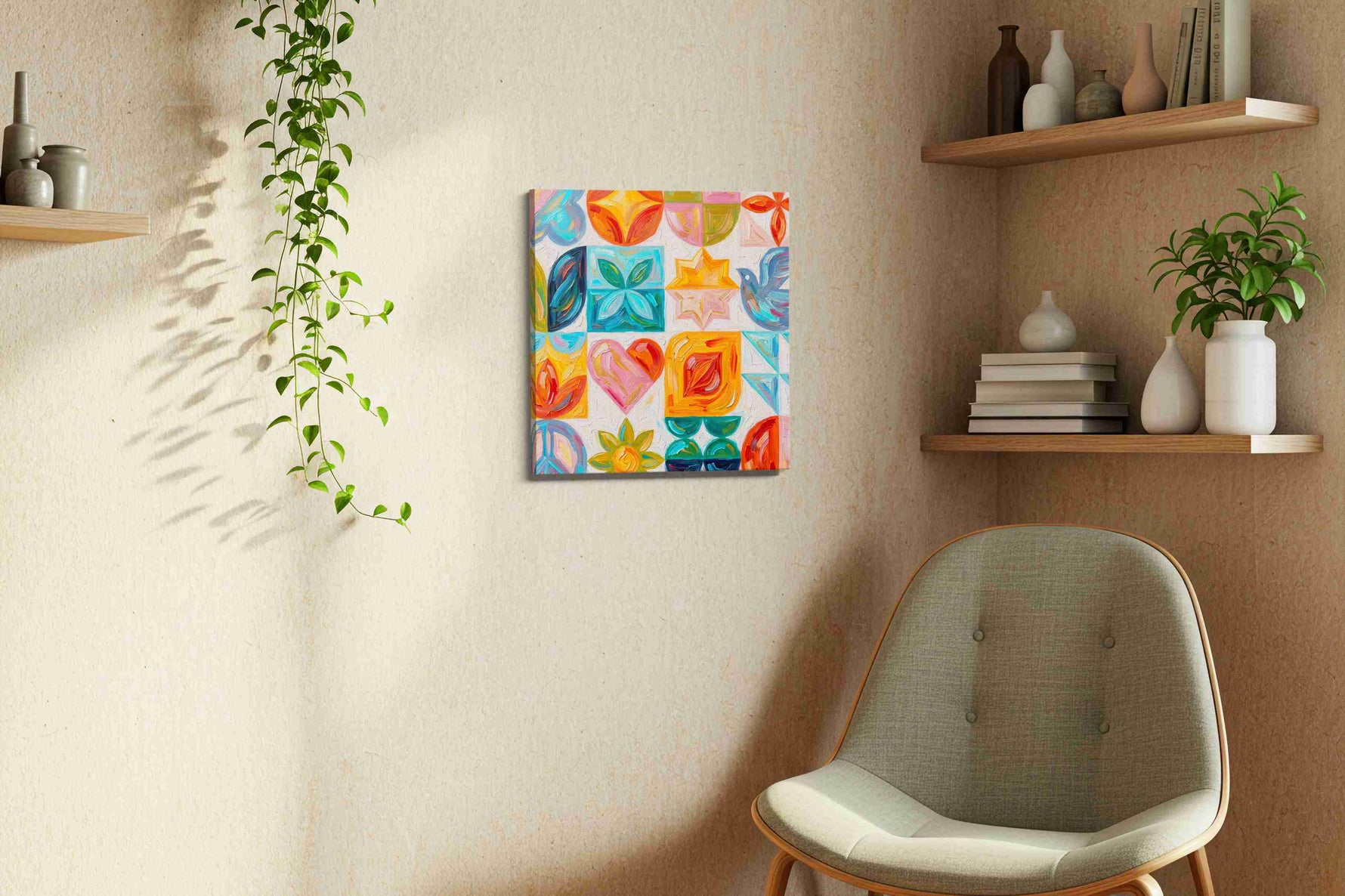 Vibrant Symmetry Serenity geometric canvas print styled in a living room