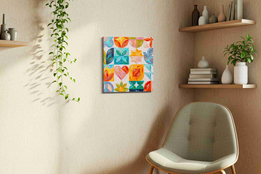 Vibrant Symmetry Serenity geometric canvas print styled in a living room