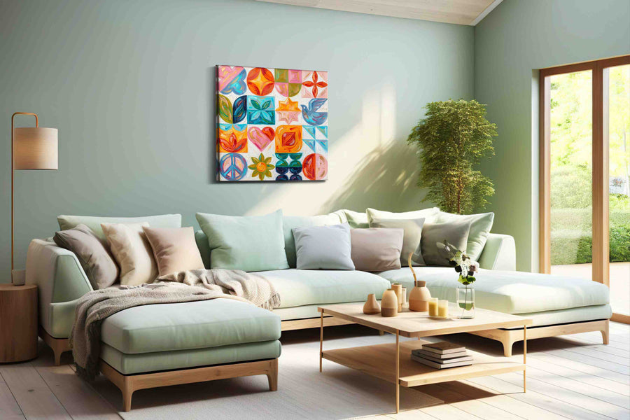 Vibrant Symmetry Serenity geometric canvas print, hanging on wall