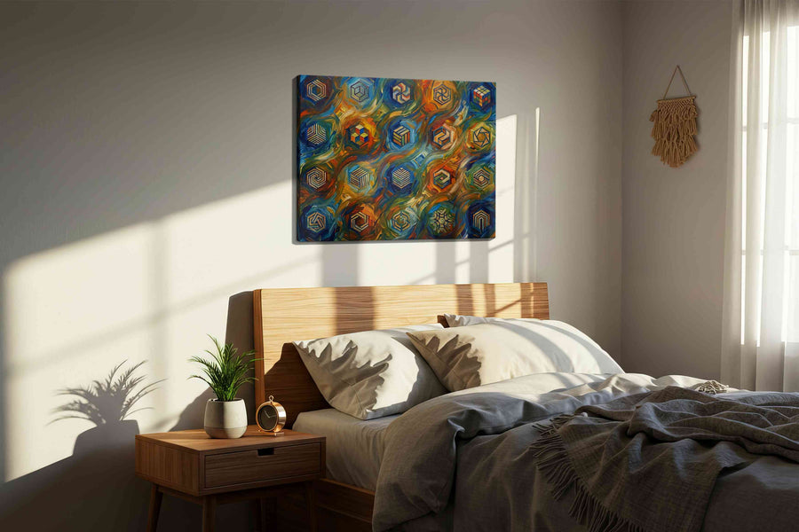 Vortex of Illusions geometric canvas print, displayed in a bedroom