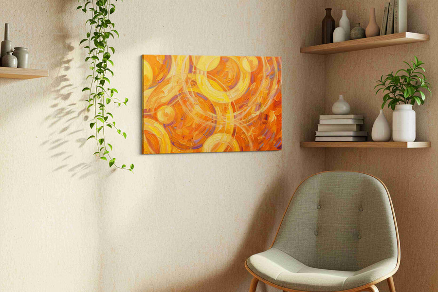 Whirls of Sunlit Dreams geometric canvas print, displayed in a living room