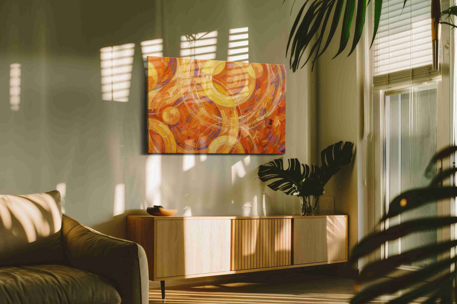 Whirls of Sunlit Dreams geometric canvas print, on wall, lifestyle preview