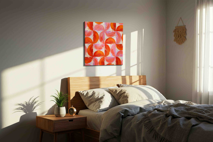 Whirlwind of Warmth geometric canvas print, displayed in a bedroom