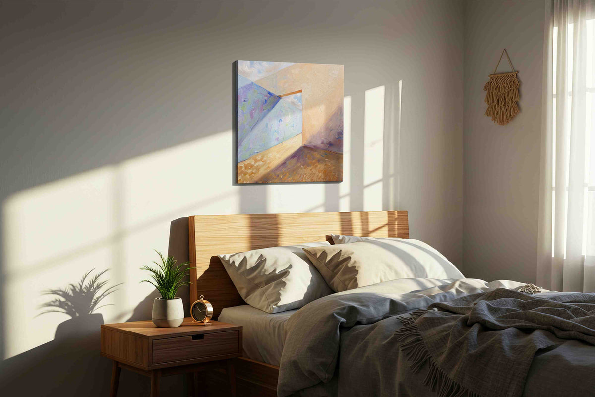 Whispers of Light and Shadow minimalist canvas print, displayed in a bedroom