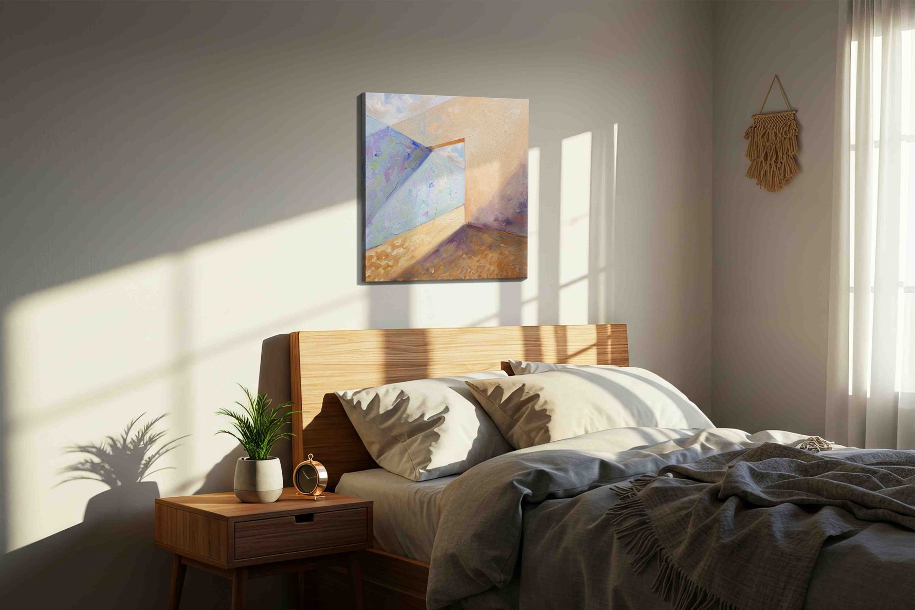 Whispers of Light and Shadow minimalist canvas print, displayed in a bedroom