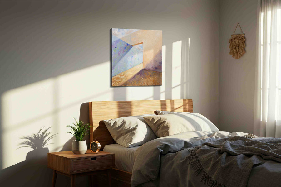 Whispers of Light and Shadow minimalist canvas print, displayed in a bedroom