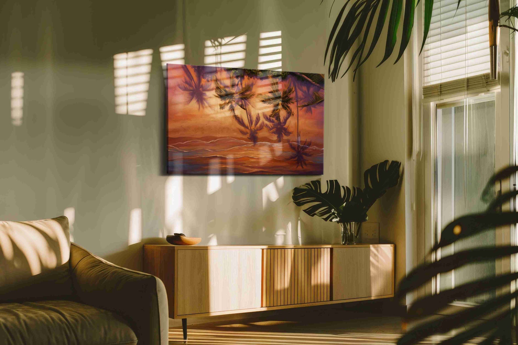 Sunset Reflections Under Paradise beach canvas print, displayed in a living room