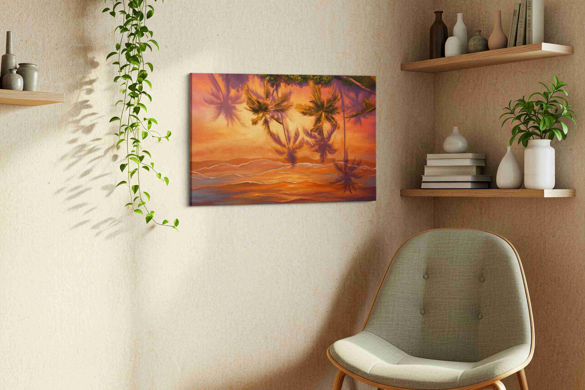 Sunset Reflections Under Paradise beach canvas print, hanging on wall