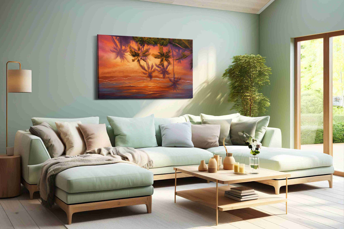 Sunset Reflections Under Paradise beach canvas print shown in a wall scene