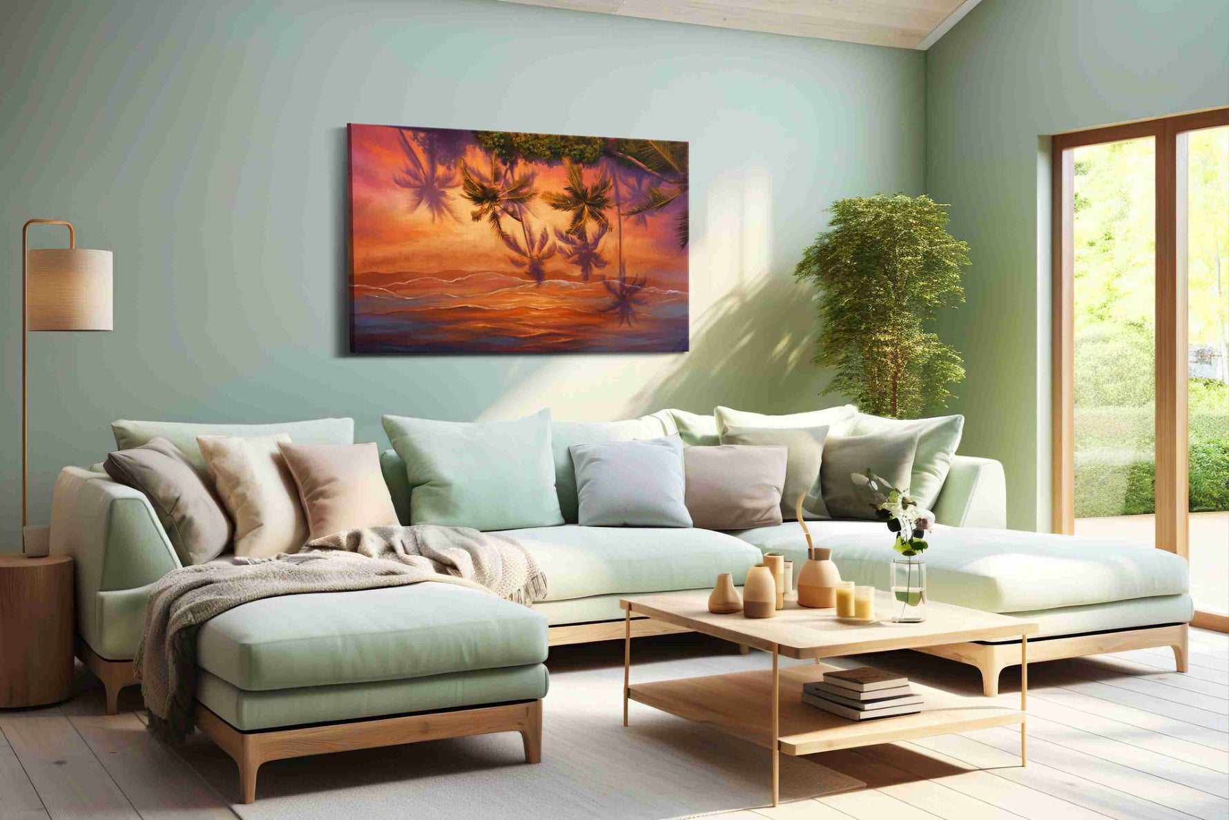 Sunset Reflections Under Paradise beach canvas print shown in a wall scene