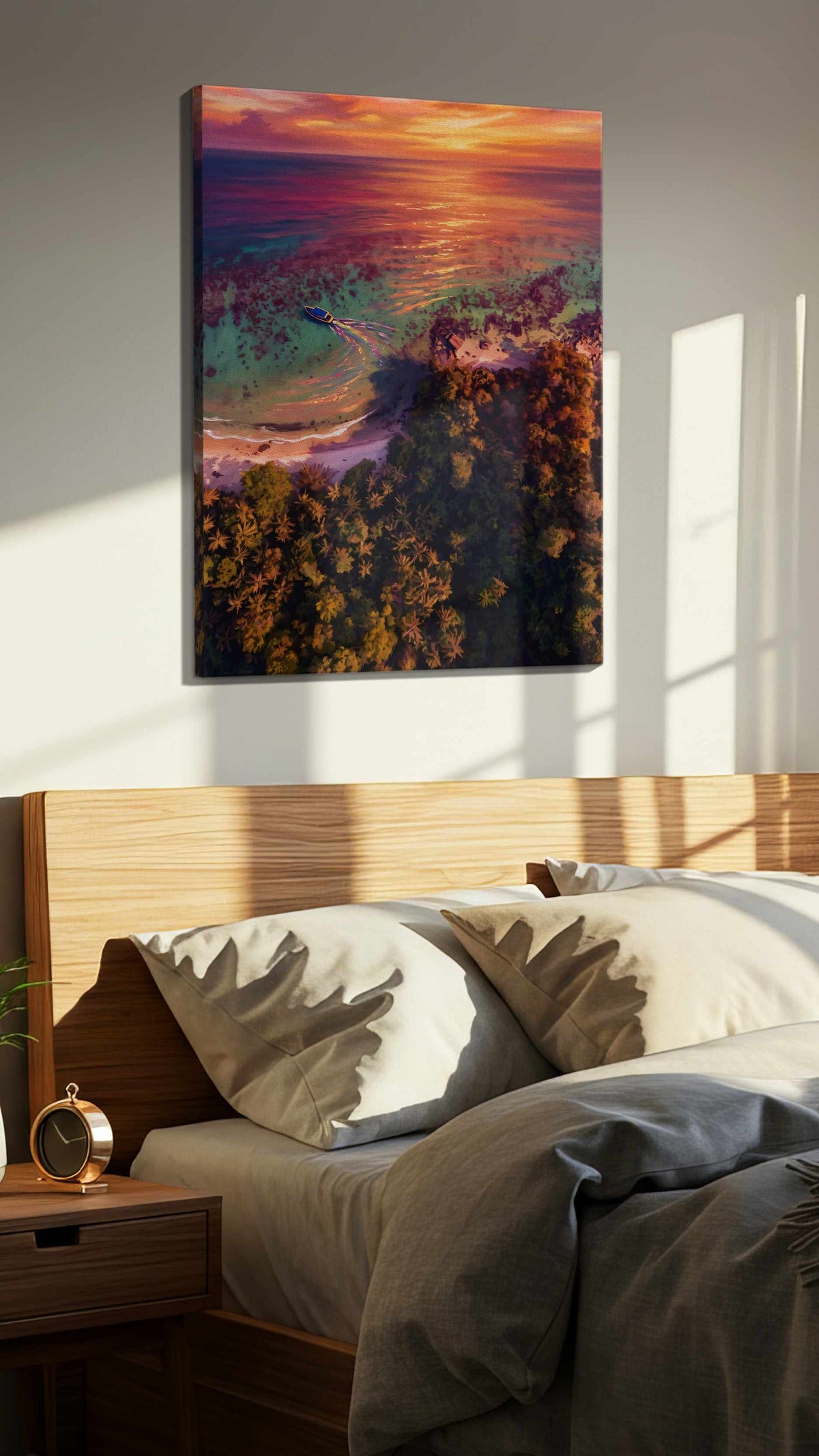 Sunset Serenity Over Paradise beach canvas print, displayed in a bedroom