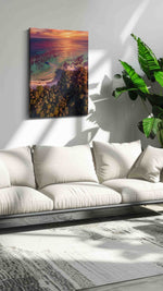 Sunset Serenity Over Paradise beach canvas print, hanging on wall — in a hung canvas mockup