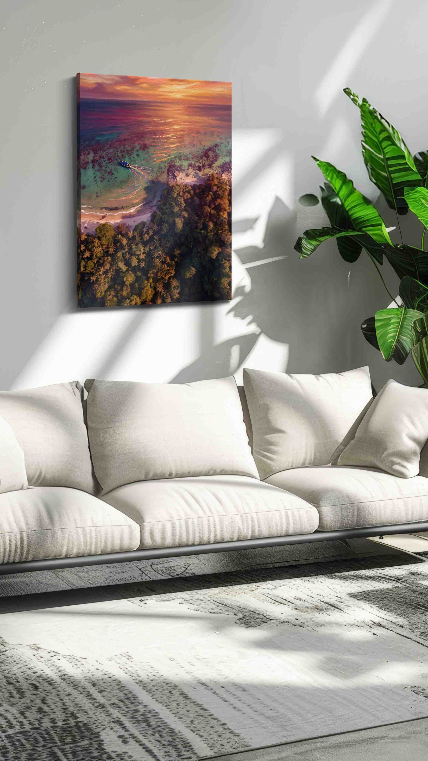Sunset Serenity Over Paradise beach canvas print, hanging on wall — in a hung canvas mockup