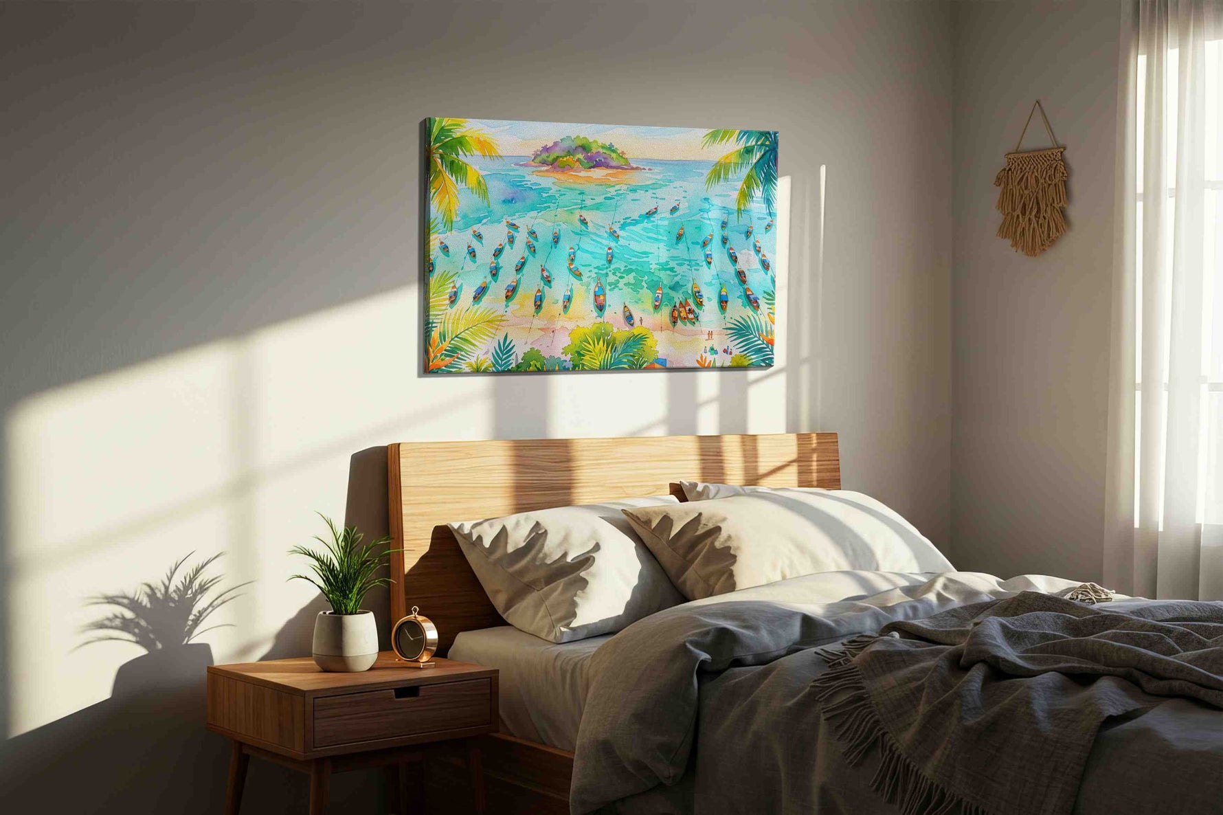 Tropical Serenity Awakens beach canvas print, displayed in a bedroom