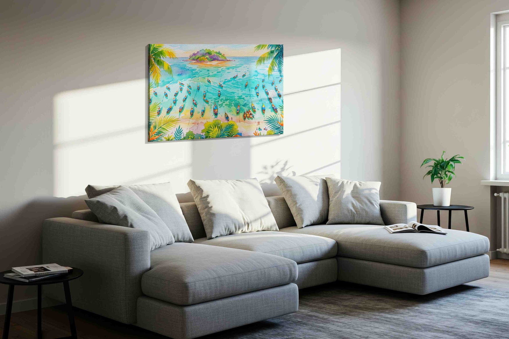 Tropical Serenity Awakens beach canvas print, displayed in a living room