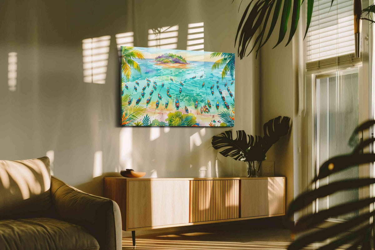 Tropical Serenity Awakens beach canvas print in a hung canvas mockup