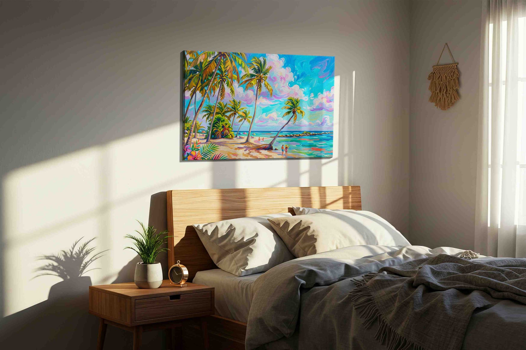 Tropical Serenity Escape beach canvas print, displayed in a bedroom