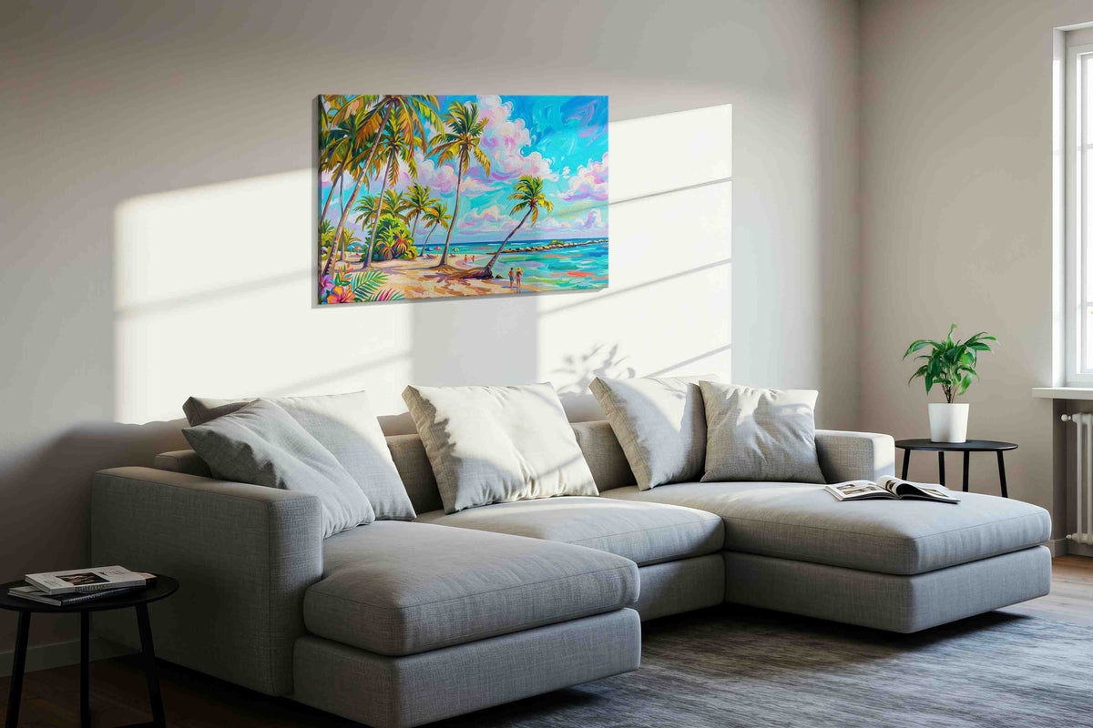 Tropical Serenity Escape beach canvas print in a living room scene