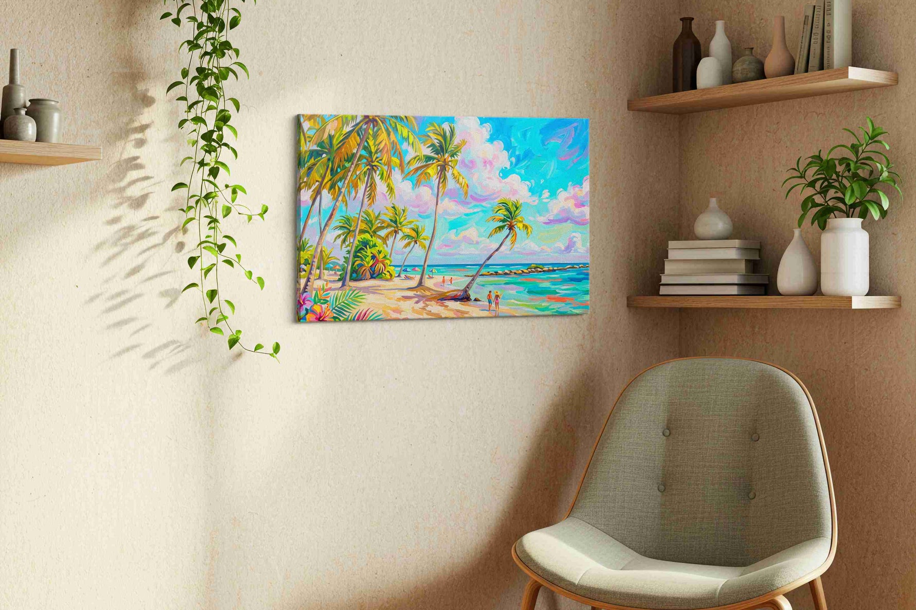 Tropical Serenity Escape beach canvas print, displayed in a living room