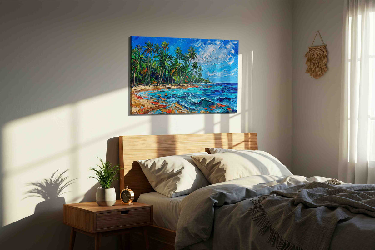 Tropical Serenity Splash beach canvas print, displayed in a bedroom