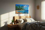 Tropical Serenity Splash beach canvas print, displayed in a bedroom