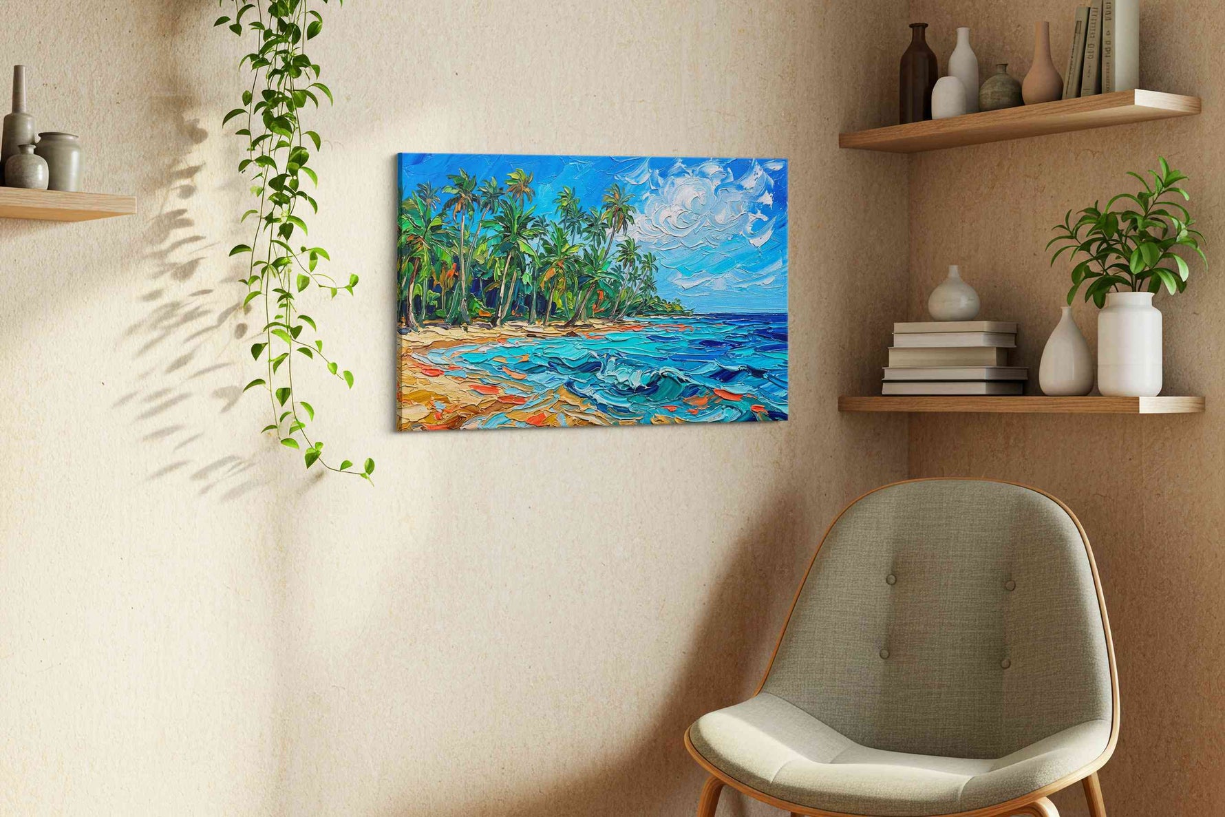 Tropical Serenity Splash beach canvas print styled in a living room