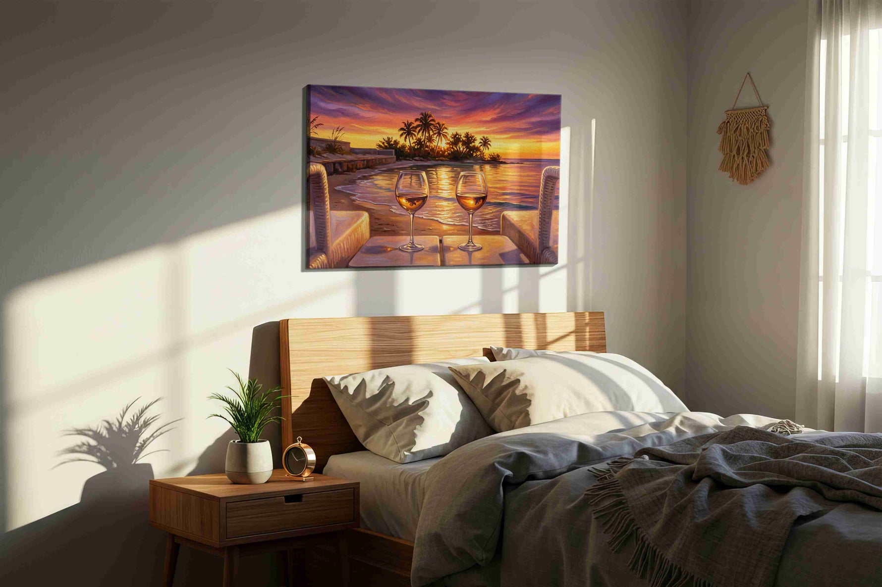 Twilight Toast by the Sea beach canvas print, displayed in a bedroom
